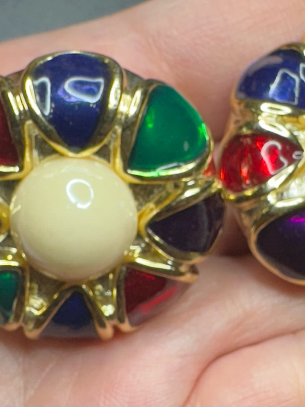 Vintage Gold Tone Multicolor Clip-On Earrings Faux Pearl Retro Statement Jewelry